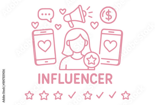 Female influencer icon with smartphones, hearts, megaphone, and dollar sign