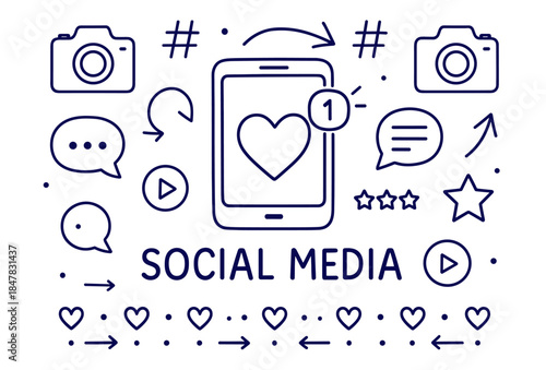 Social media icons with smartphone and heart notification - digital communication concept