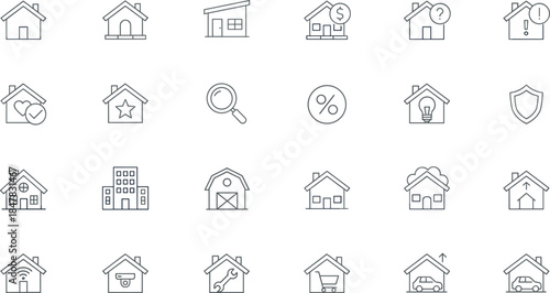 Comprehensive collection of real estate linear vector icons featuring various house styles, home security, mortgage symbols, garage, and residential property management elements.