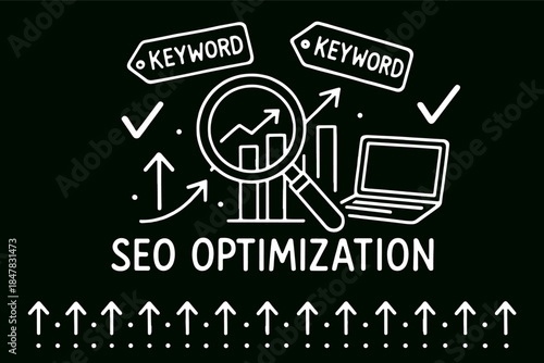 Seo optimization illustration with graph, laptop, magnifying glass, and keywords