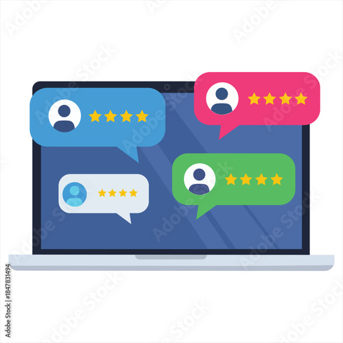 Digital Echoes of Satisfaction: A laptop screen pulses with vibrant speech bubbles, each echoing the stellar rating of satisfied customers, illuminating the heart of service.