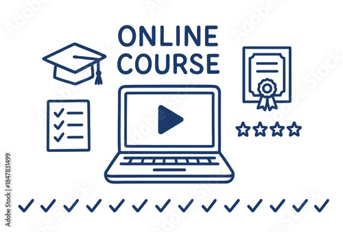 Online course concept: laptop with play button and learning icons