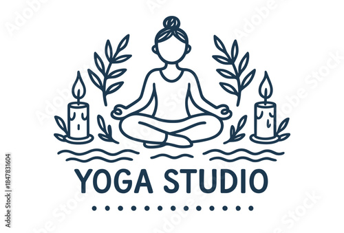 Serene yoga studio logo with meditating figure and candle elements