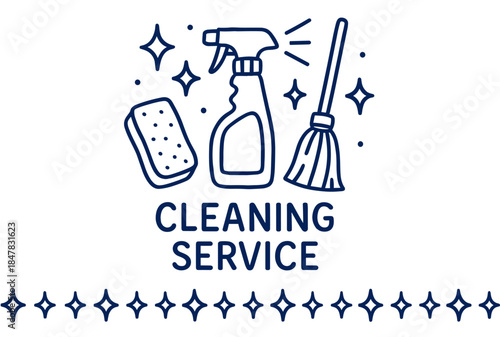 Cleaning service logo with spray bottle, sponge, and broom illustration