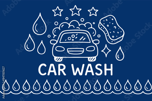 Illustrated car wash concept with soap bubbles stars and water drops