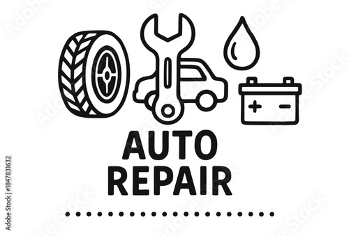 Auto repair icons: tire, wrench, car, oil drop, battery on white background