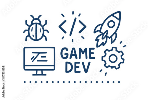 Game development icons: bug, code, rocket, gear, monitor