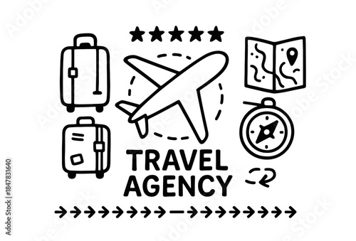 Travel agency icons: airplane, compass, map, luggage, five stars