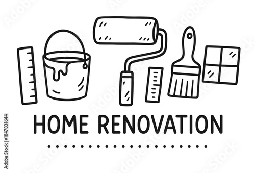 Home renovation tools doodle: paint roller, brush, bucket, tiles, ruler