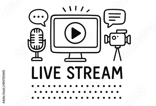 Live stream icons: microphone, monitor, camera with play button and speech bubbles