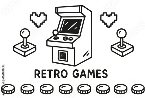Retro arcade games banner with joysticks and pixel hearts