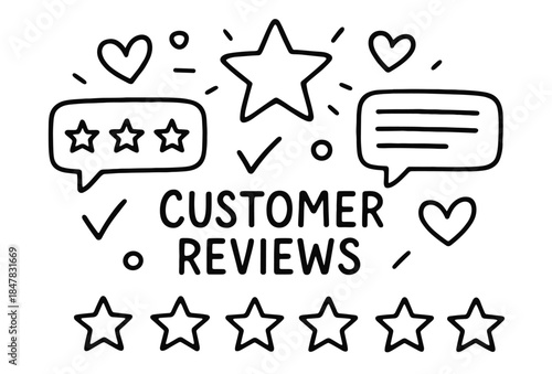Customer reviews doodle with stars, hearts, and speech bubbles