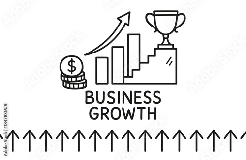 Business growth illustration with rising graph, money, and trophy symbols