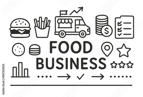 Food business icons: food truck, burger, fries, coins, chart, and checklist