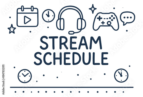 Streaming schedule design with gaming icons headset and calendar elements