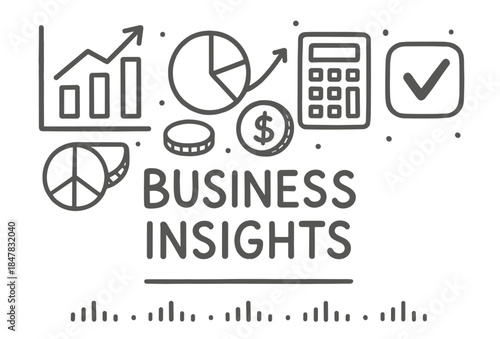 Business insights: charts, calculator, and financial symbols in hand-drawn style