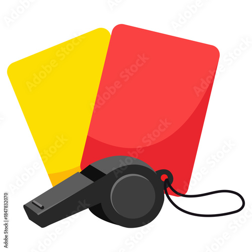 Whistle and Cards: Symbolic representation of the referee's control in sports, a red card and a yellow card alongside a whistle