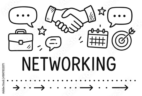 Handshake and business networking icons in black and white doodle style