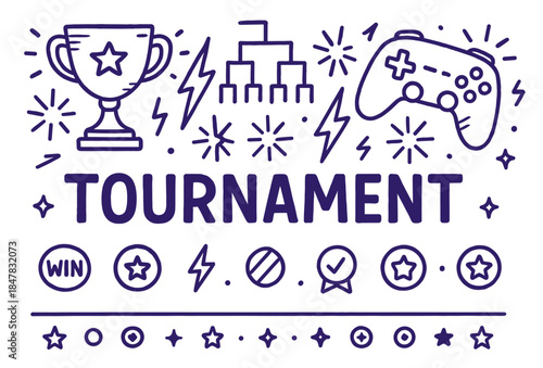 Gaming tournament celebration with trophy, game controller, and icons