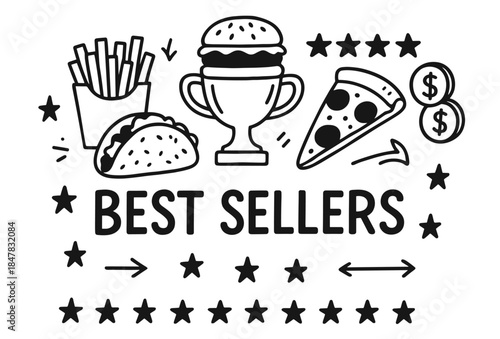Best sellers: trophy, burger, fries, taco, pizza, stars, dollar signs