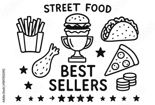 Street food best sellers: burger, fries, taco, pizza, chicken drumstick icons