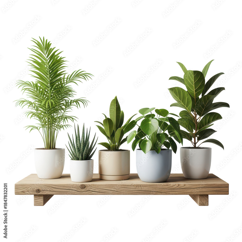 Obraz premium Five potted plants on a wooden shelf isolated on transparent background