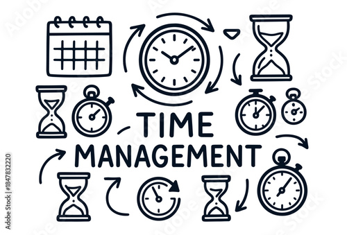 Hand-drawn time management elements with clocks and hourglasses