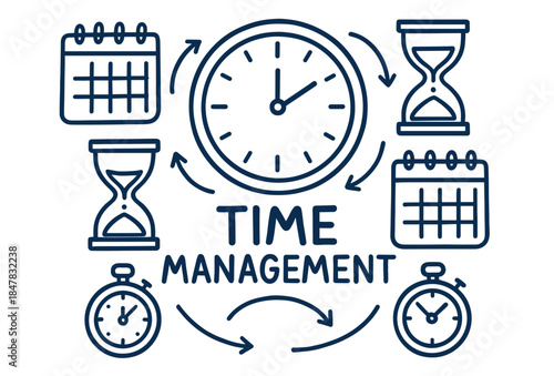Time management concept with clocks calendars and hourglasses