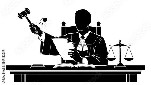 Black Silhouette Judge Vector Delivering Verdict with Gavel and Scales of Justice