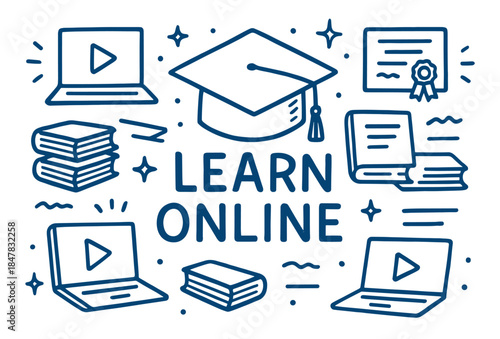 Online learning concept with graduation cap and digital devices