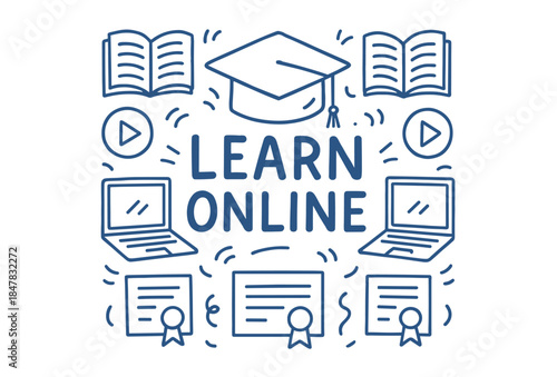 Online education icons: graduation cap, open books, laptops, play buttons