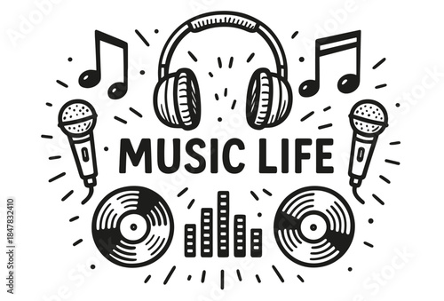 Music life with headphones, microphones, vinyl records, musical notes