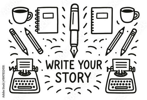 Creative writing concept with typewriter, notebooks, pencils, and coffee cups