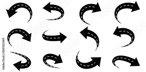 Road Directional Arrows: A collection of black directional arrows, each meticulously designed to emulate the curve of roads, indicating various turns and directions.
