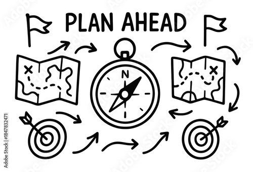 Compass and maps with targets illustrating strategic planning and navigation
