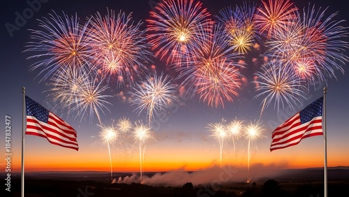 American Flags and Fireworks Lighting Up a Sunset Sky in Festive Tribute