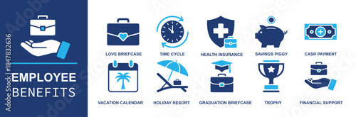 Employee benefits icon set. Containing love briefcase, time cycle, health insurance, savings piggy, cash payment, vacation calendar, holiday resort, graduation briefcase, trophy, financial support and