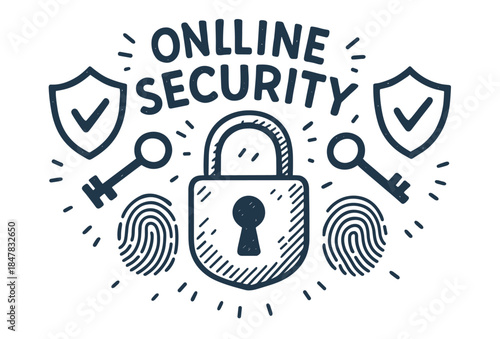 Online security concept with lock, keys, shields, and fingerprints