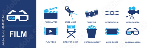 Film icon set. Containing film clapper, stage light, film strip, negative film, video camera, play video, director chair, popcorn bucket, movie ticket, cinema glasses and more. Solid vector icons