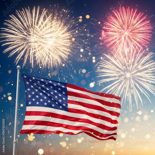American Flag Waving Proudly with Colorful Fireworks Bursting Against a Twilight Sky