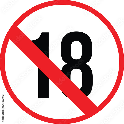 Under 18 Prohibited Sign with Red Diagonal Ban Symbol Isolated on White Background, Age Restriction Warning Icon for Legal Access and Regulation Concepts.
