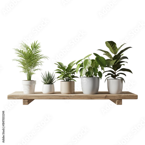 Several potted plants on a wooden shelf isolated on transparent background
