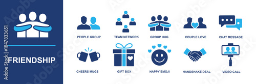 Friendship icon set. Containing people group, team network, group hug, couple love, chat message, cheers mugs, gift box, happy emoji, handshake deal, video call and more. Solid vector icons