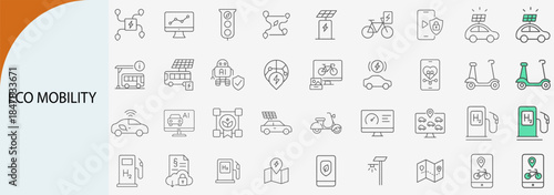 eco mobility transportation line icons set, minimal vector illustration design