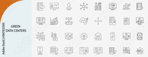 green data centers line icons, minimal vector illustration design