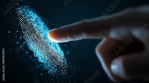 biometric fingerprint scanning with glowing touch on dark background