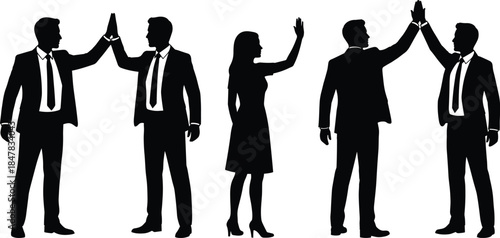 Black Silhouette Vector of Business Professionals in Suits Giving High Fives, Representing Teamwork, Success, Agreement, and Effective Corporate Collaboration.