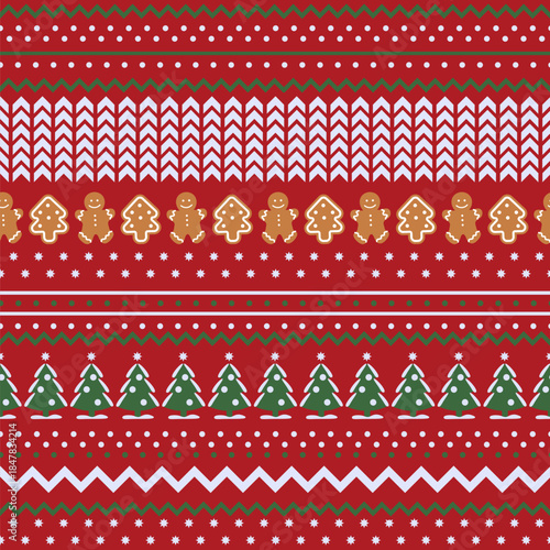 Christmas seamless pattern with holiday decorations and symbols: gingerbread man, Christmas tree, stars, snow and a knitted sweater. Merry Christmas and Happy New Year! Vector illustration.