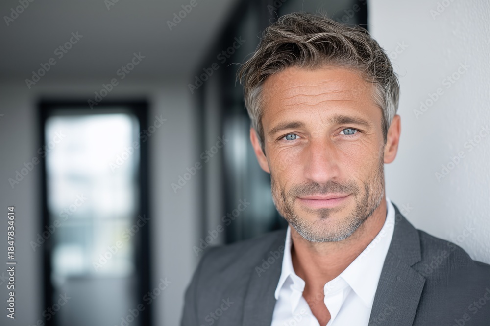 Fototapeta premium Confident professional male consultant in charcoal gray suit, standing in bright modern office, financial and consulting services marketing