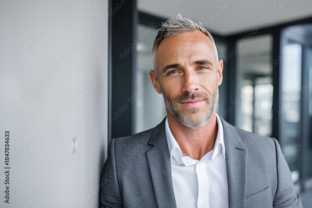 Fototapeta premium Professional male consultant in charcoal gray suit, leaning near wall in bright office, confident expression, consulting and finance services marketing